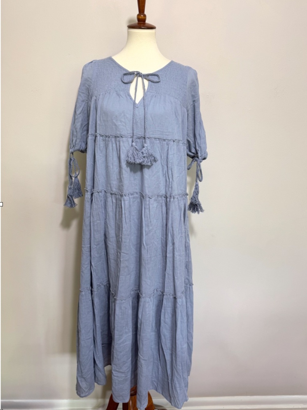 Listicle Gray/Blue Tassel Tie Tiered Dress Size Medium NWT